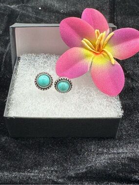 Turquoise Cabochon Silver Stud Earrings - Women Jewelry